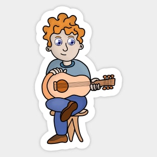 A boy with curly hair playing the guitar Sticker